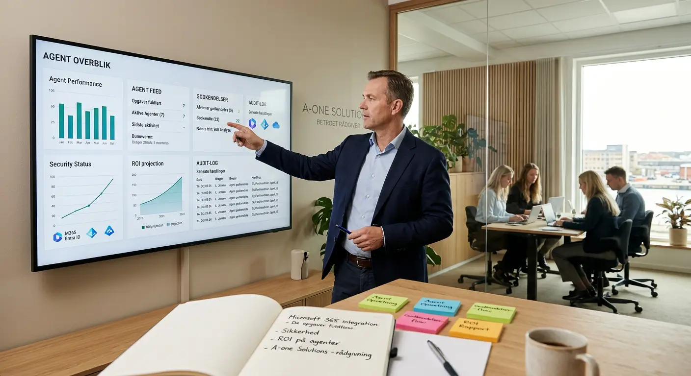 Ledelsesoverblik over Copilot-agenter i Business Central med godkendelser og logning