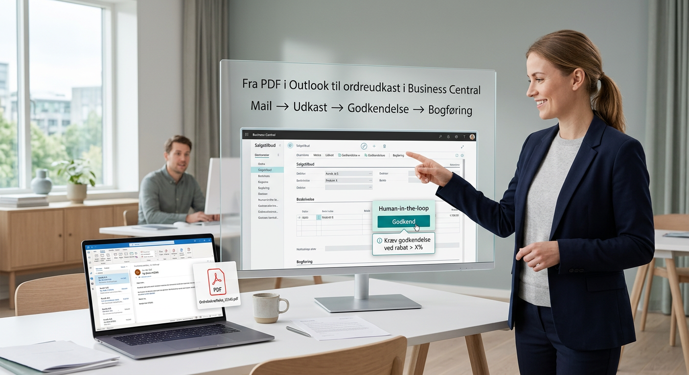 Eksempel på ordreflow fra Outlook til Business Central med agent-godkendelse