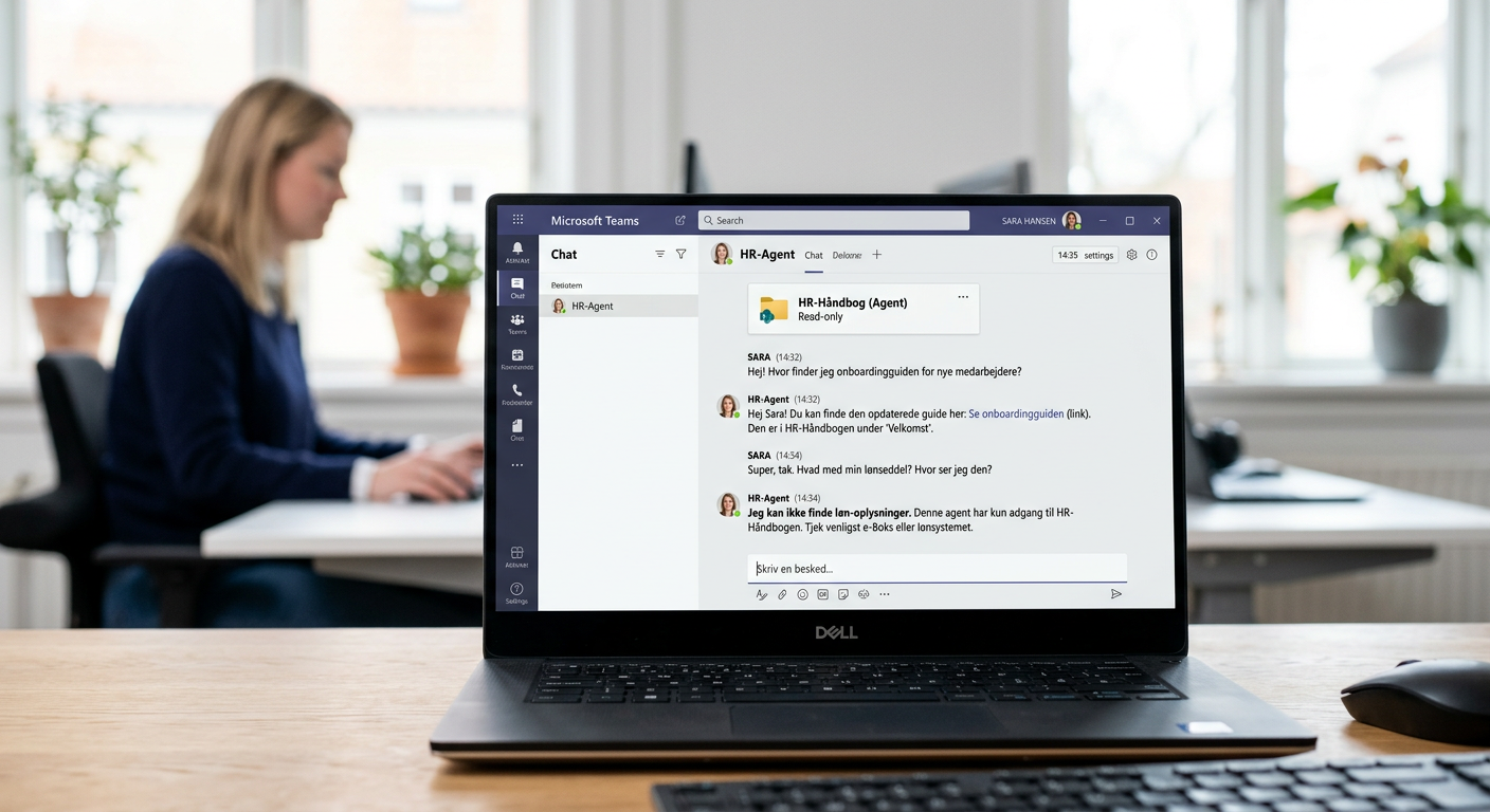 Teams-vindue med HR-agent, der svarer på onboarding-spørgsmål baseret på et afgrænset SharePoint-bibliotek