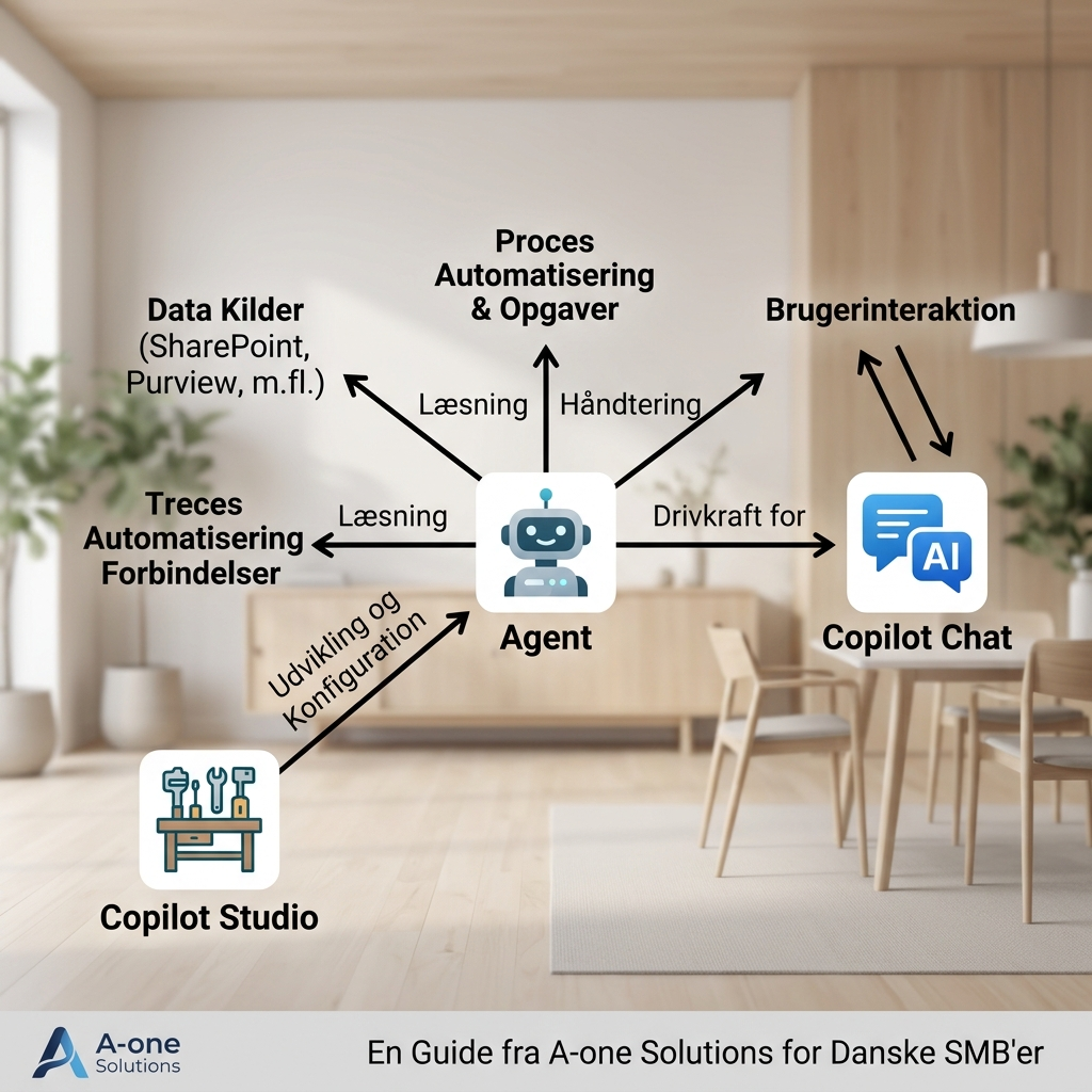 Diagram der viser Copilot Chat, Copilot agent og Copilot Studio med forskellige adgangsniveauer