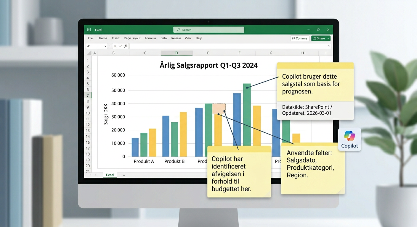 Diagram i Excel med noter der viser hvilke datapunkter Copilot har brugt