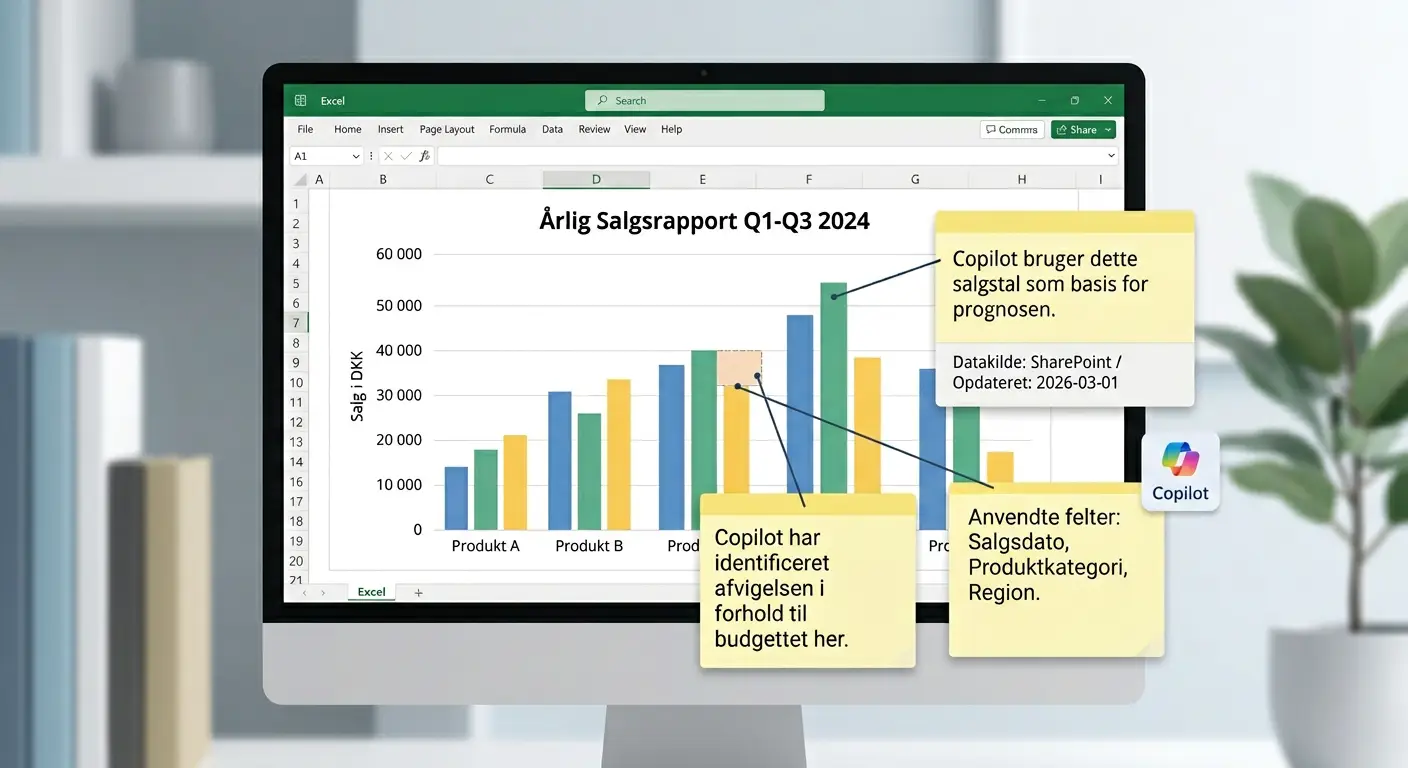 Diagram i Excel med noter der viser hvilke datapunkter Copilot har brugt