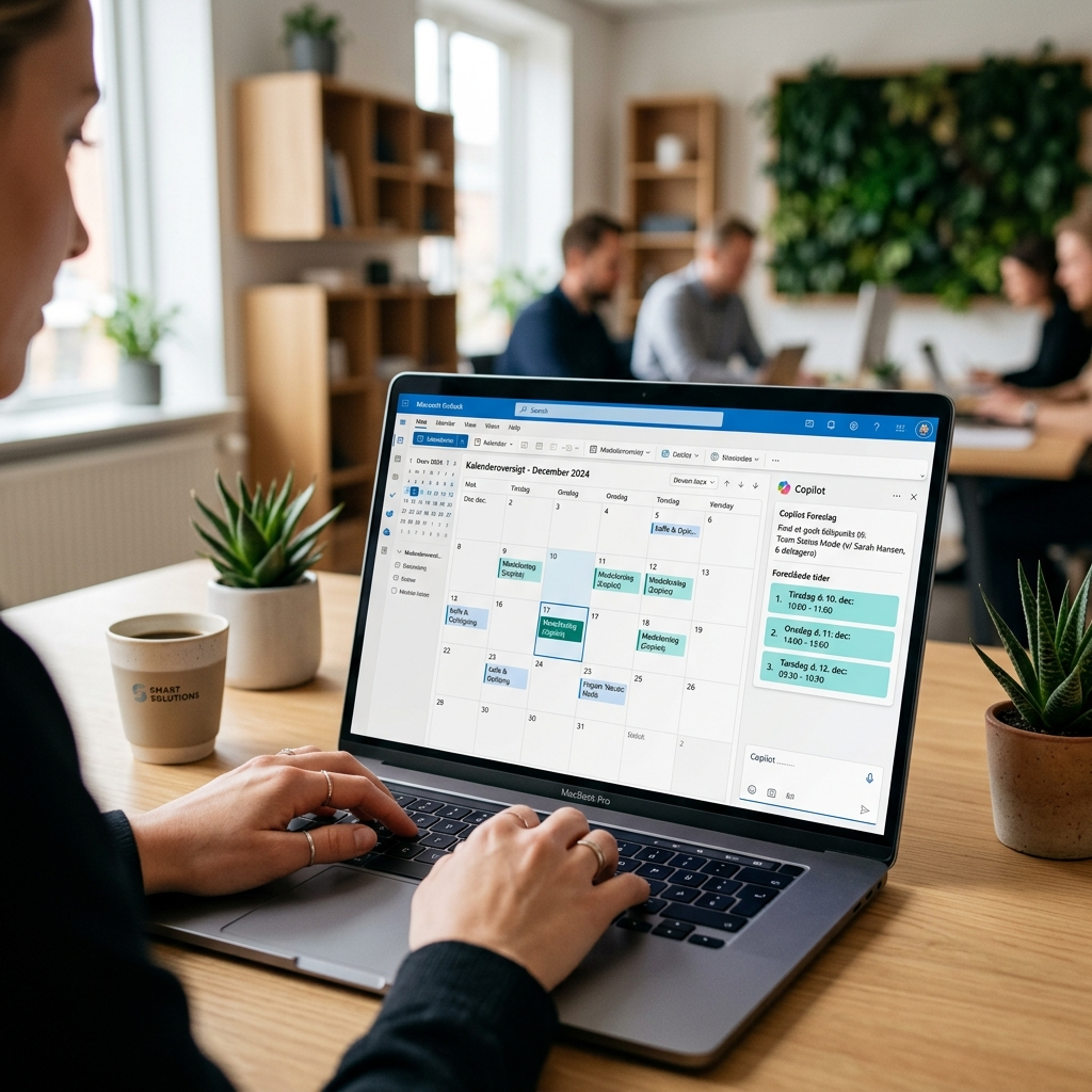 Kalenderoversigt i Outlook med ledige tider foreslået af Copilot