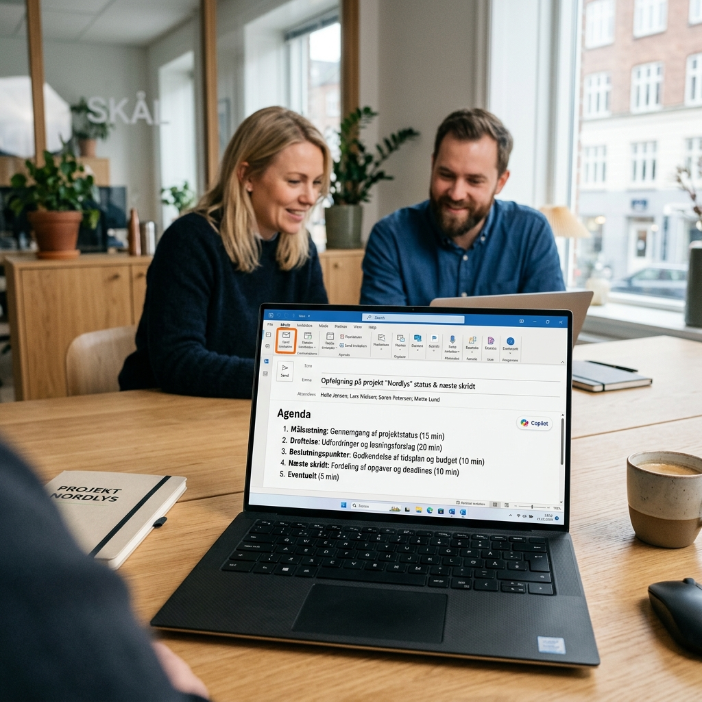 Mødeindkaldelse i Outlook med agenda genereret fra en mailtråd