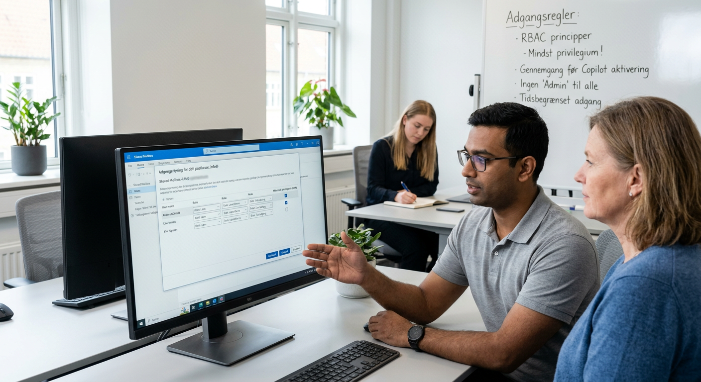 Delte postkasser i Outlook med Copilot: kundeservice og info@ med rettighedsstyring