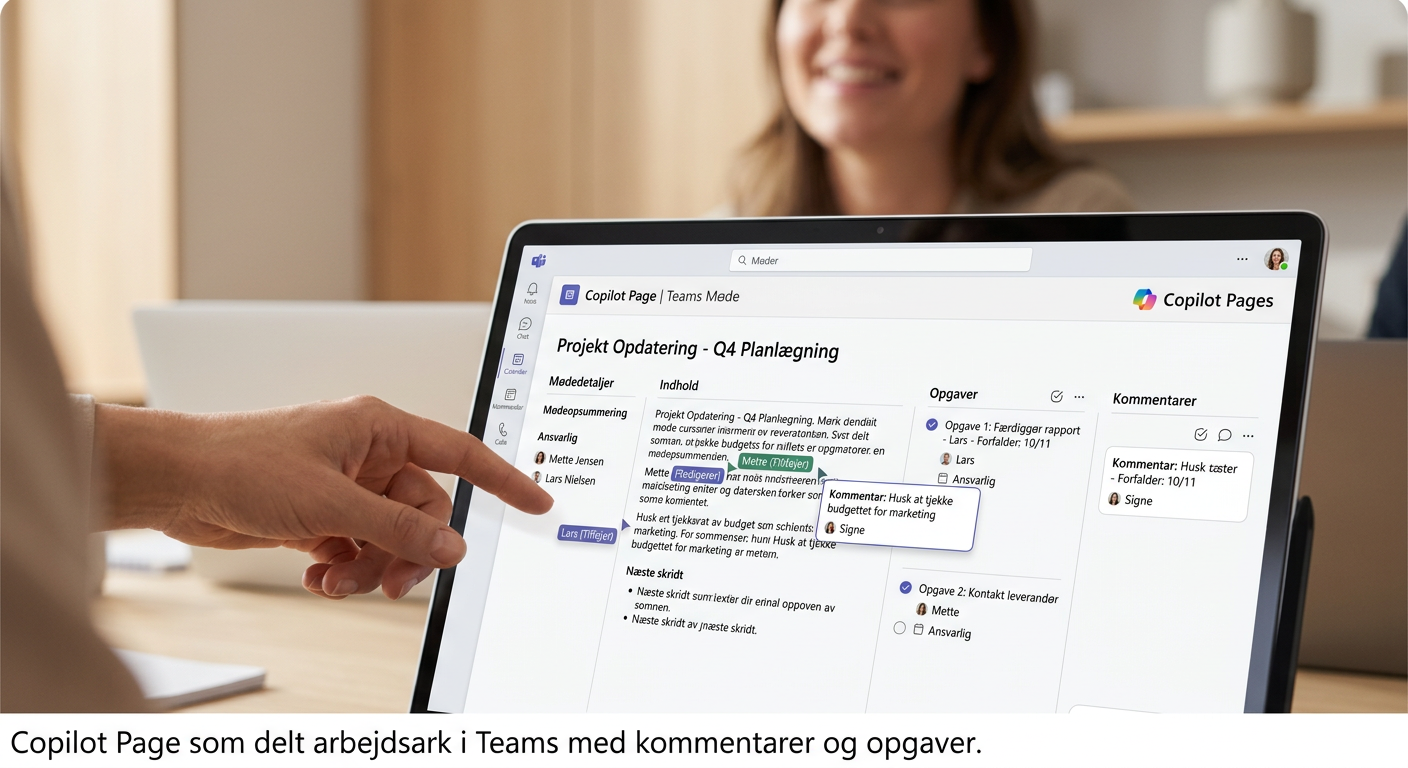 Illustration af Copilot Pages som delt lærred i Teams med flere markører