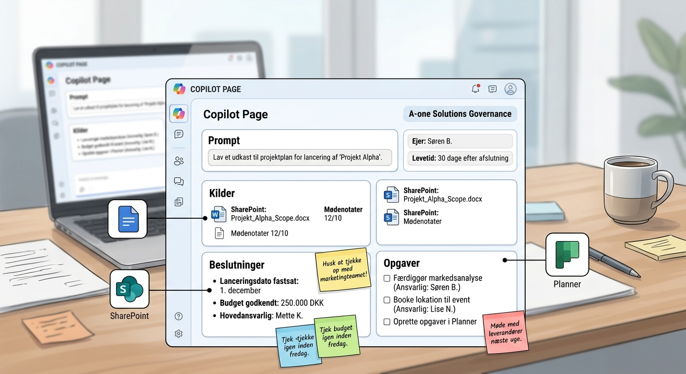 Skitse af Copilot Pages som fælles lærred for prompts, beslutninger og opgaver