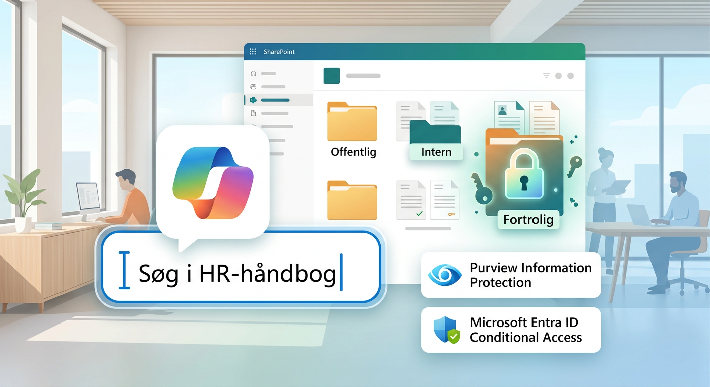 Illustration af Microsoft 365 Copilot agent, der søger i SharePoint med lås og adgangsikoner