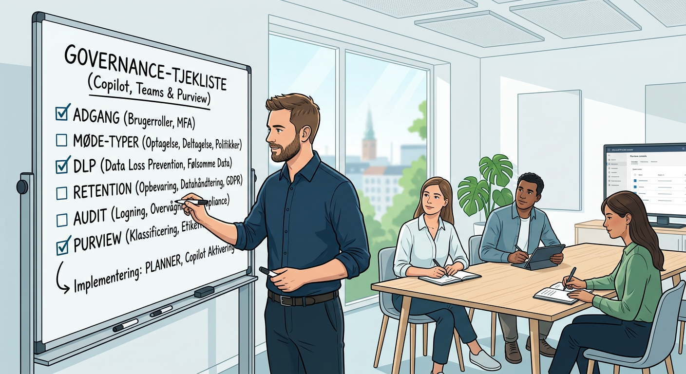 Illustration af governance-tjekliste for Copilot, Teams og Purview
