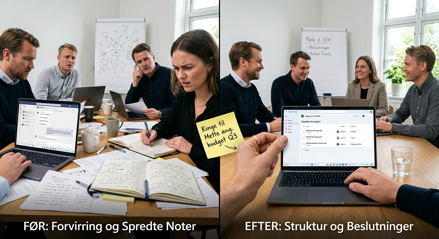 Illustration af beslutningsnoter og action points fra Teams møde til opgaveoversigt