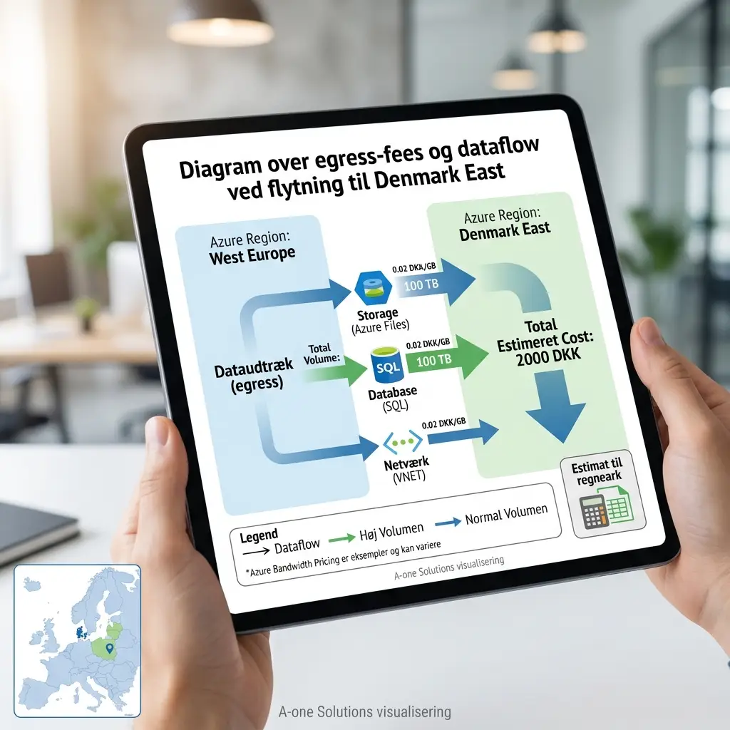 Diagram der viser egress-fees og dataflow mellem Azure-regioner ved migrering