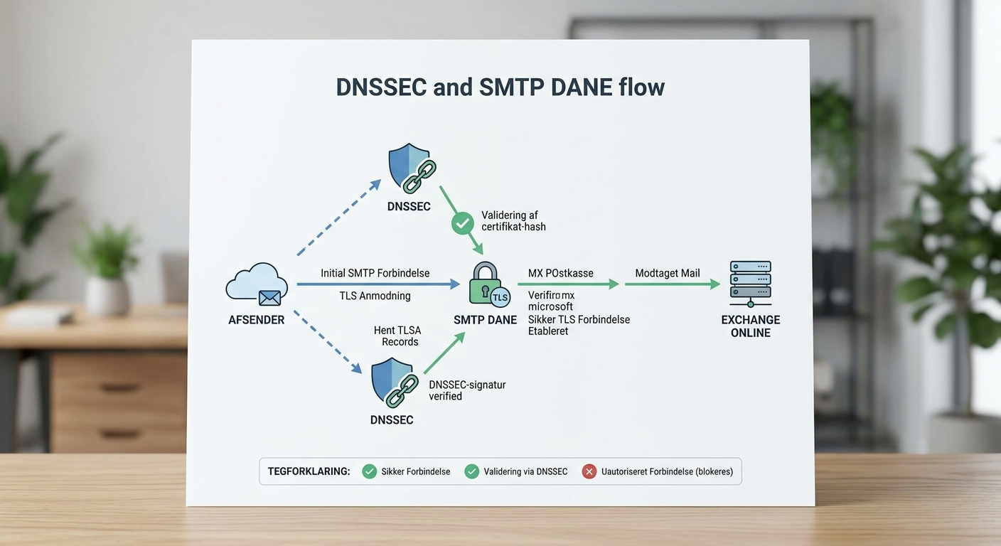 Diagram der viser DNSSEC og SMTP DANE for indgående mail til Exchange Online