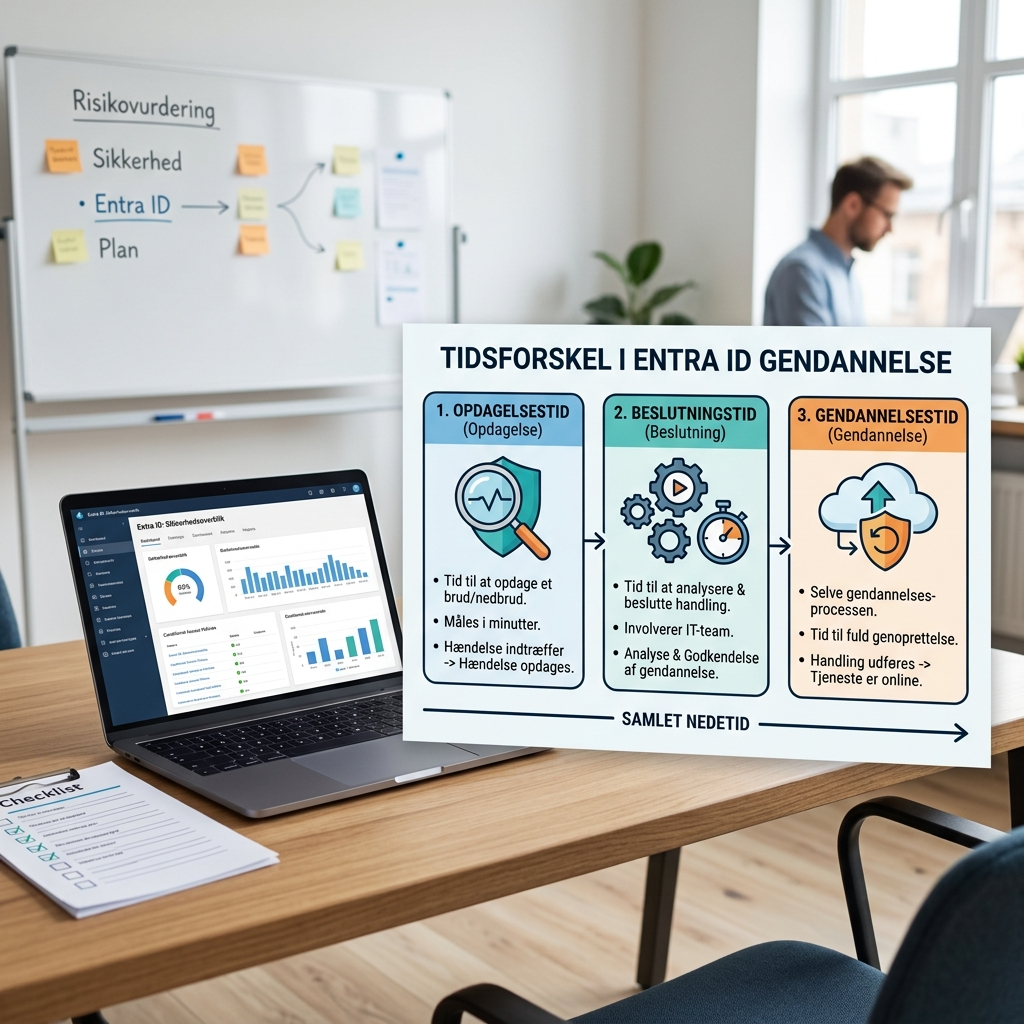 Diagram der viser forskellen på opdagelsestid, beslutningstid og gendannelsestid ved Entra ID nedetid