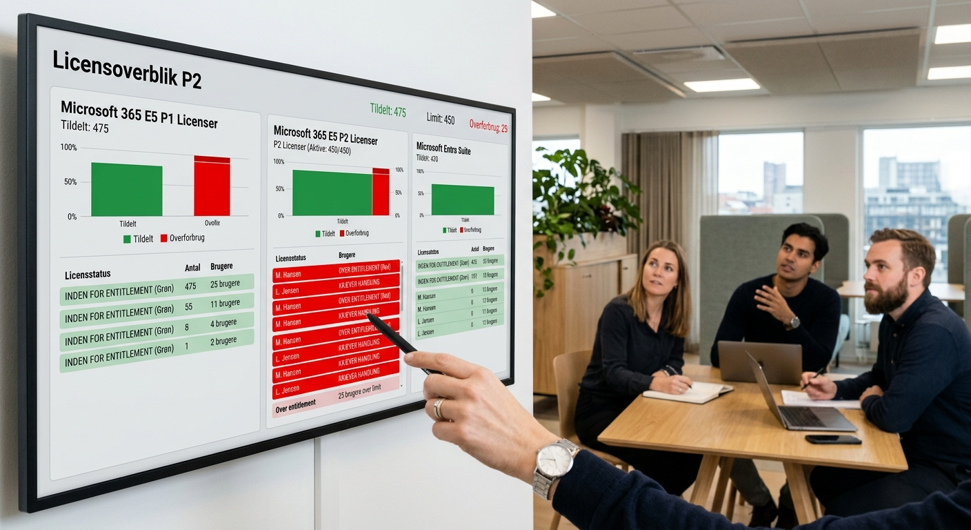 Eksempel på licensoverblik hvor over entitlement markeres med rød status