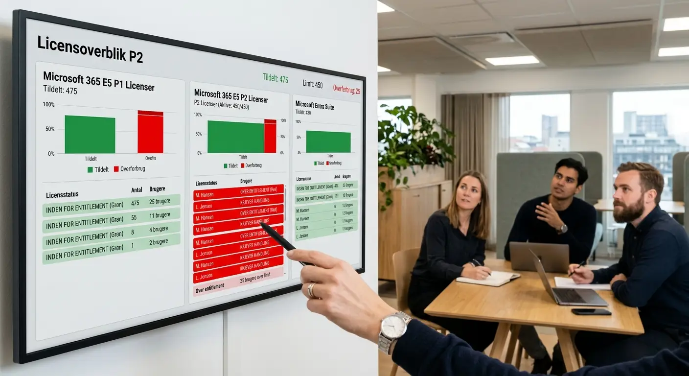Eksempel på licensoverblik hvor over entitlement markeres med rød status