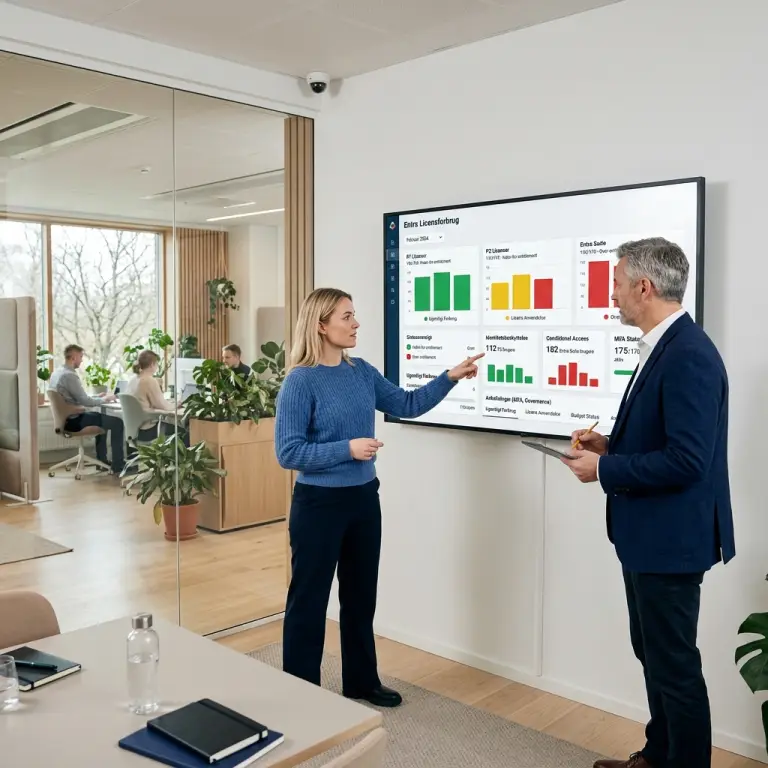 Entra license usage dashboard viser Microsoft 365 licensforbrug per bruger og funktion