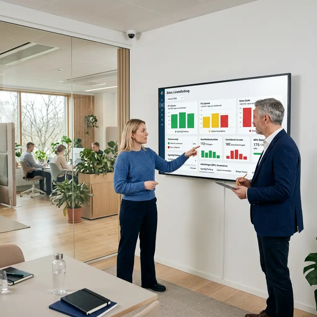 Dashboard der viser Entra license usage med within og over entitlement for P1, P2 og Entra Suite