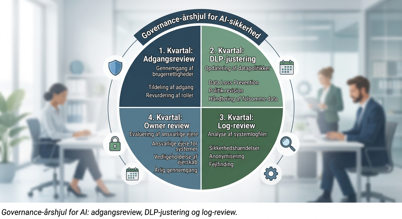 Illustration af governance-årshjul for AI: adgangsreview, DLP-justering og log-review