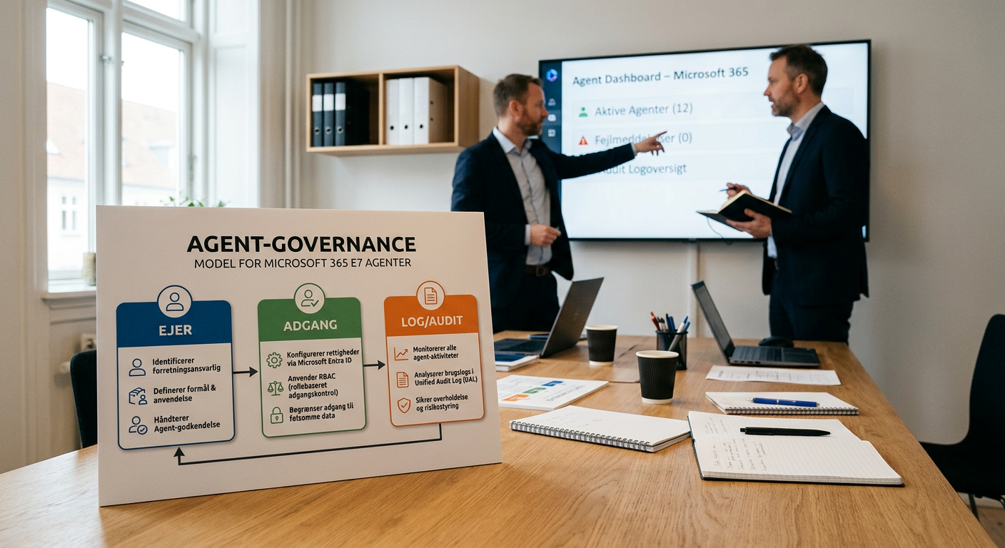 Governance-model for AI-agenter i Microsoft 365 E7 med ejerskab, adgang og audit