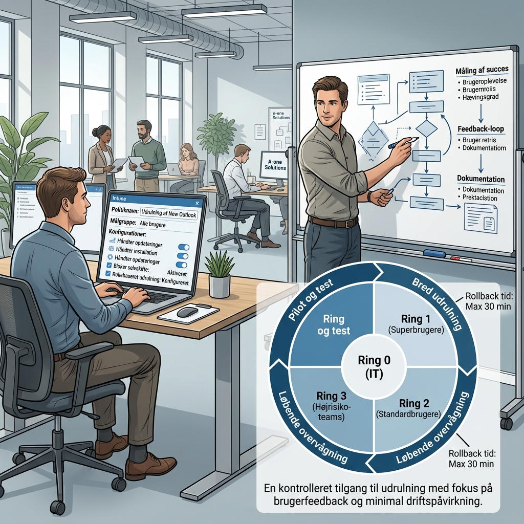 Intune ring-udrulning af New Outlook med pilotgrupper og rollback-plan