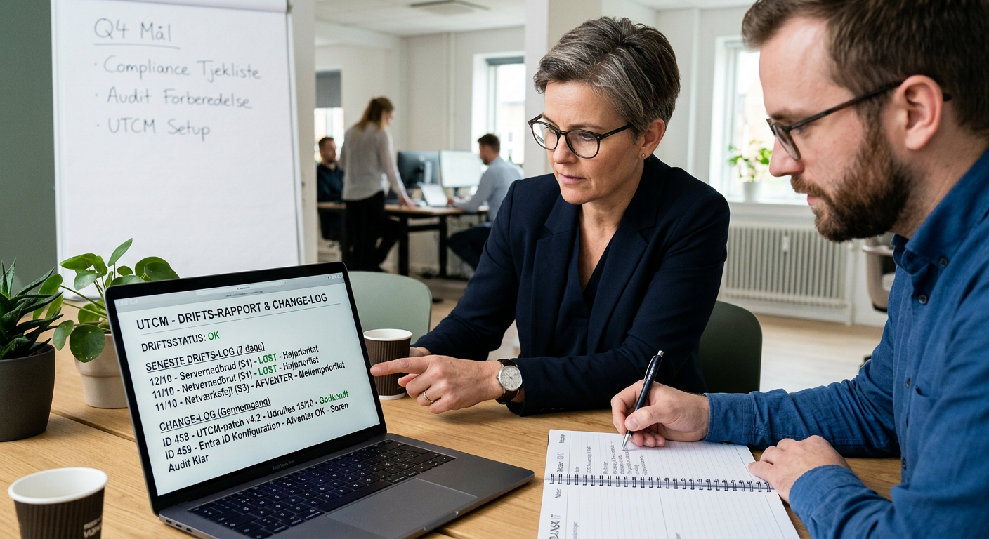 IT-leder der gennemgår drift-rapporter og change-log fra UTCM til brug i audit og ledelsesrapportering