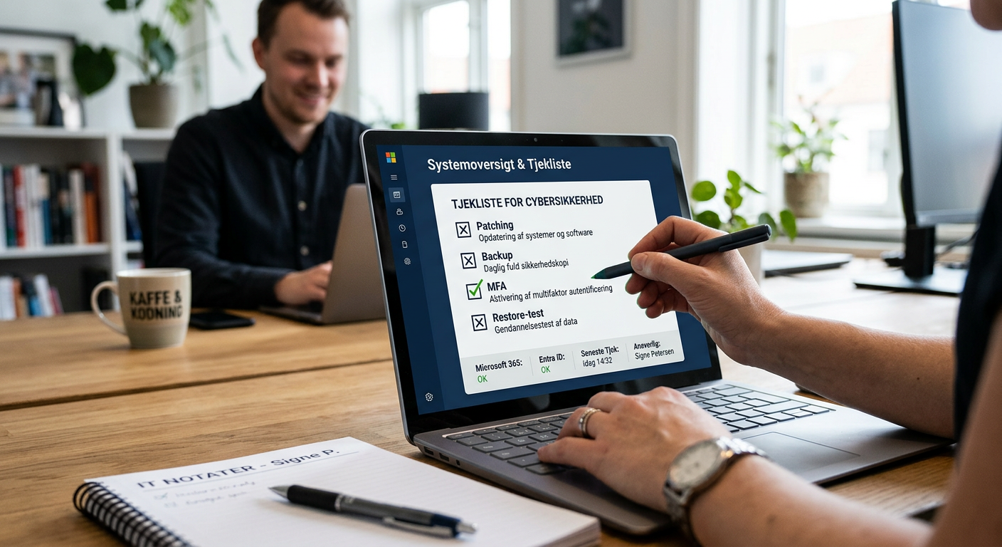 Tjekliste på skærm med punkter for patching, backup og MFA