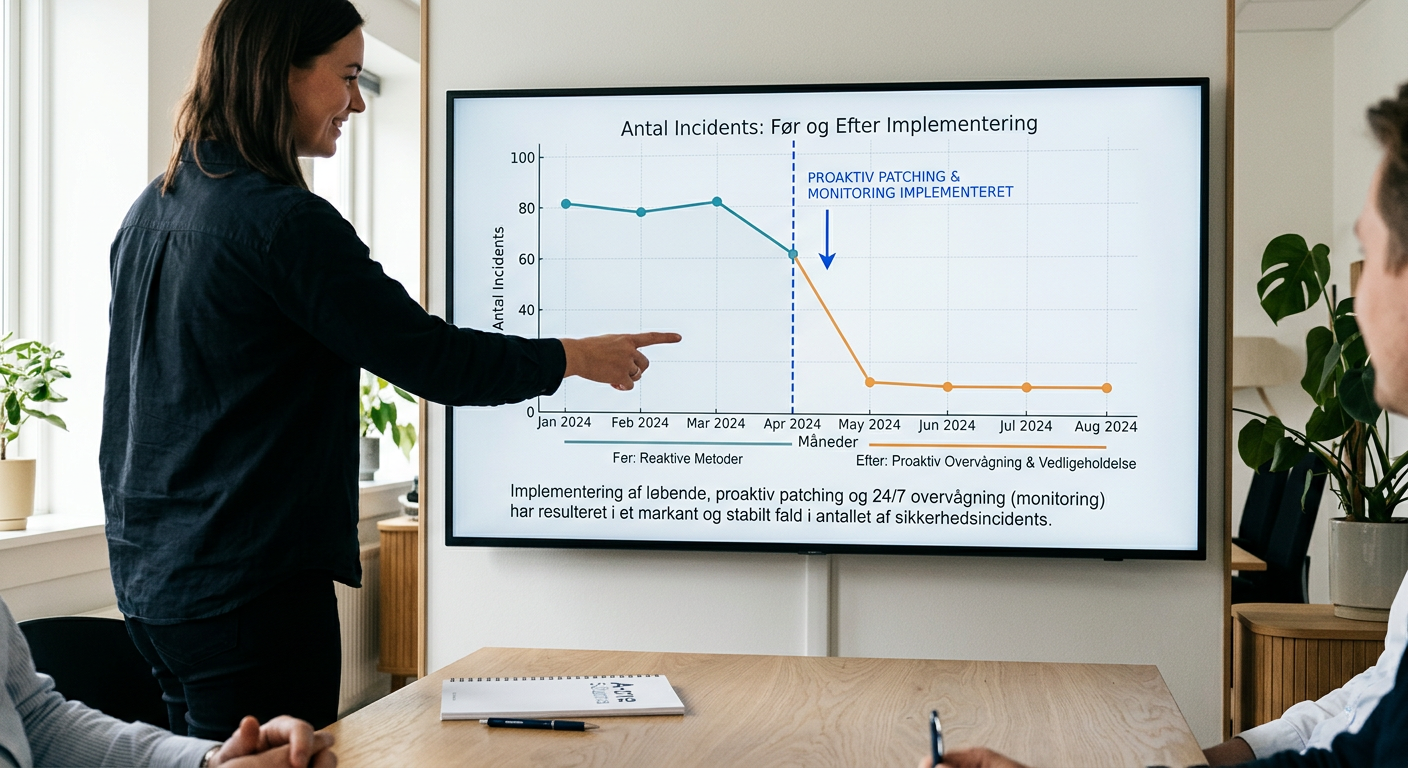 Graf der viser fald i incidents efter proaktiv patching og overvågning