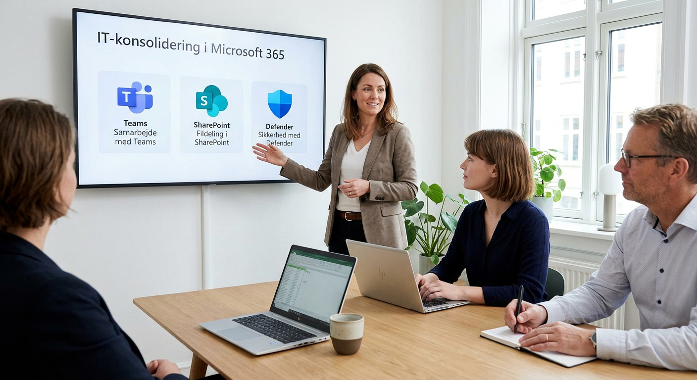Illustration af SMB der konsoliderer IT-værktøjer i Microsoft 365 for at spare licens- og driftsomkostninger