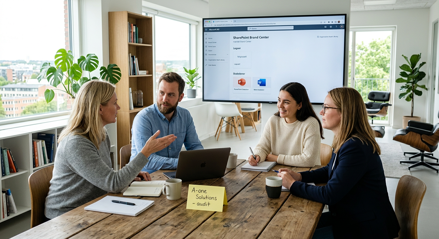 Microsoft 365 brand kit med centrale skabeloner, logoer og skrifttyper på tværs af SharePoint, Office og Teams