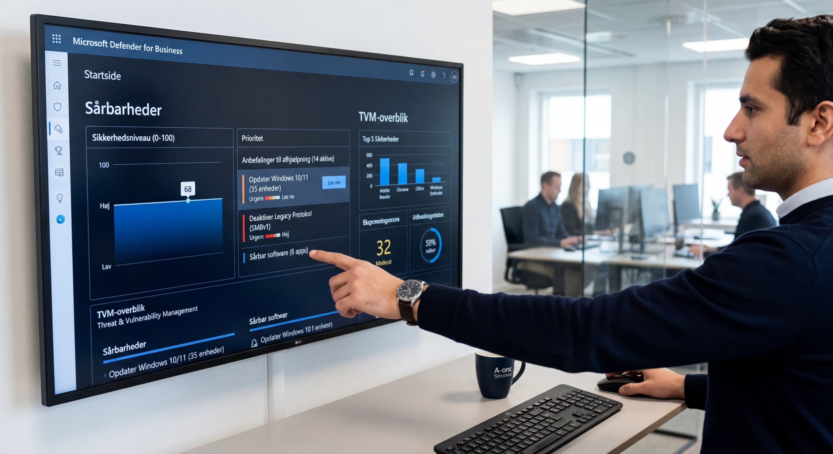 Skærm-lignende grafik med sårbarhedsoverblik og prioritering i Microsoft Defender for Business