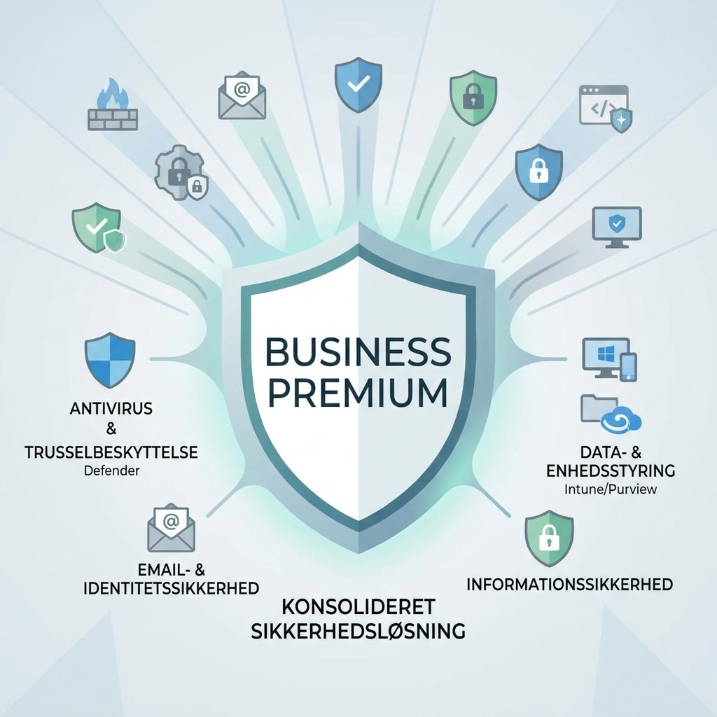 Illustration af konsolidering fra flere sikkerhedsværktøjer til Microsoft 365 Business Premium
