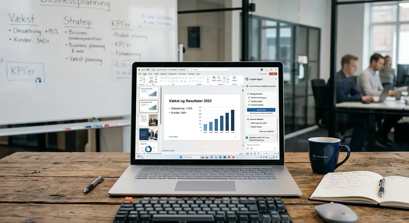 Skærmvisning af en Copilot Agent der opdaterer et PowerPoint-udkast efter en skabelon