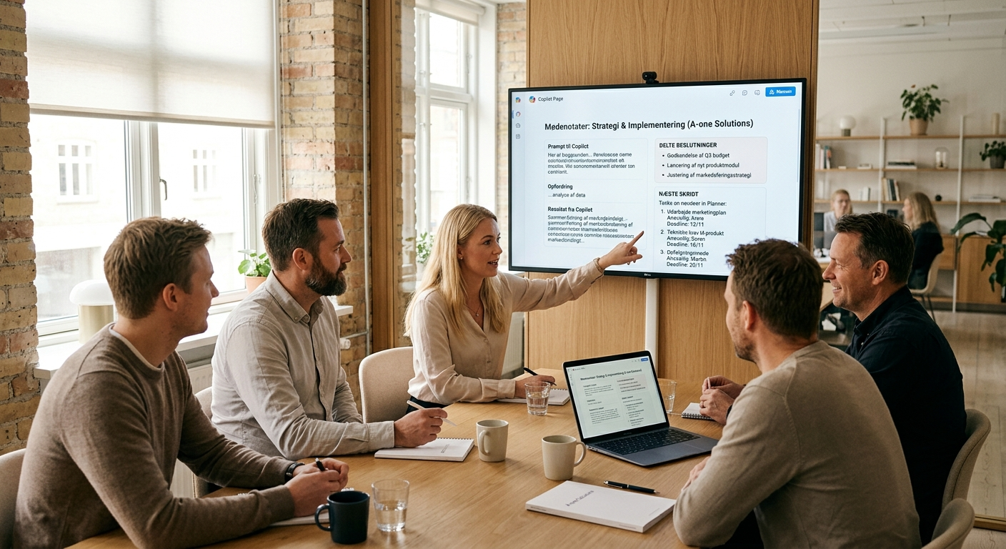 Team der arbejder sammen i Microsoft 365 med Copilot Pages og delt arbejdsrum
