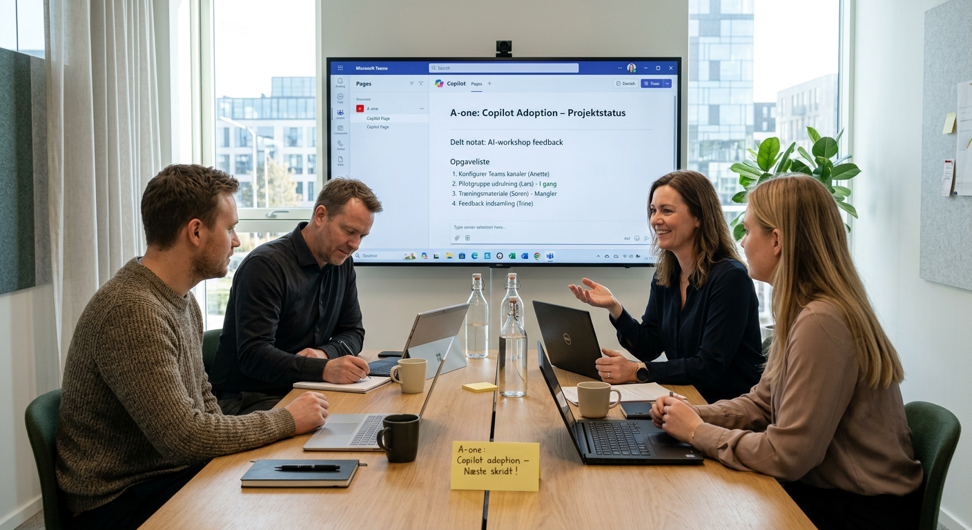 Team i Microsoft Teams der samarbejder på en Copilot Page med delt notat og opgaver
