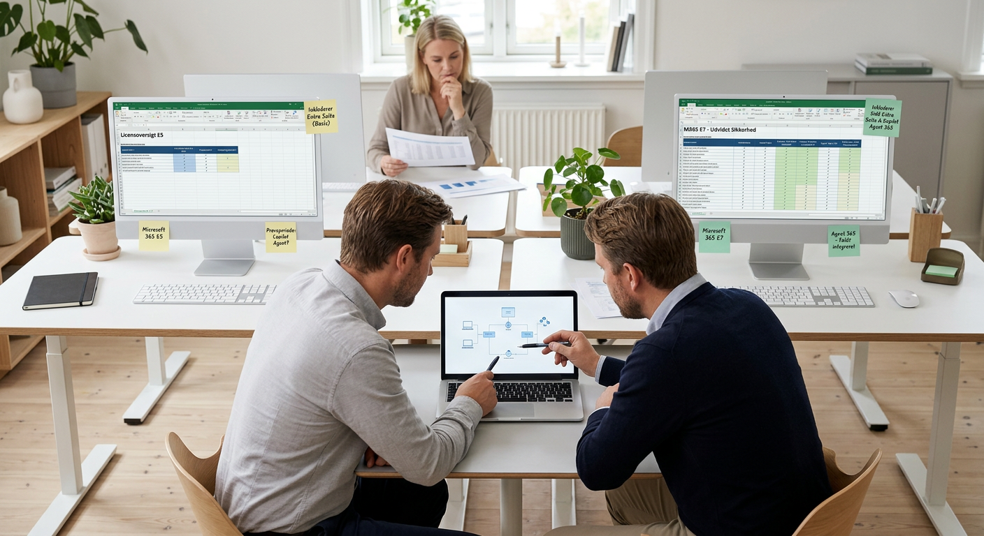 Sammenligning mellem Microsoft 365 E5 og E7 med fokus på Copilot, Agent 365 og Entra Suite