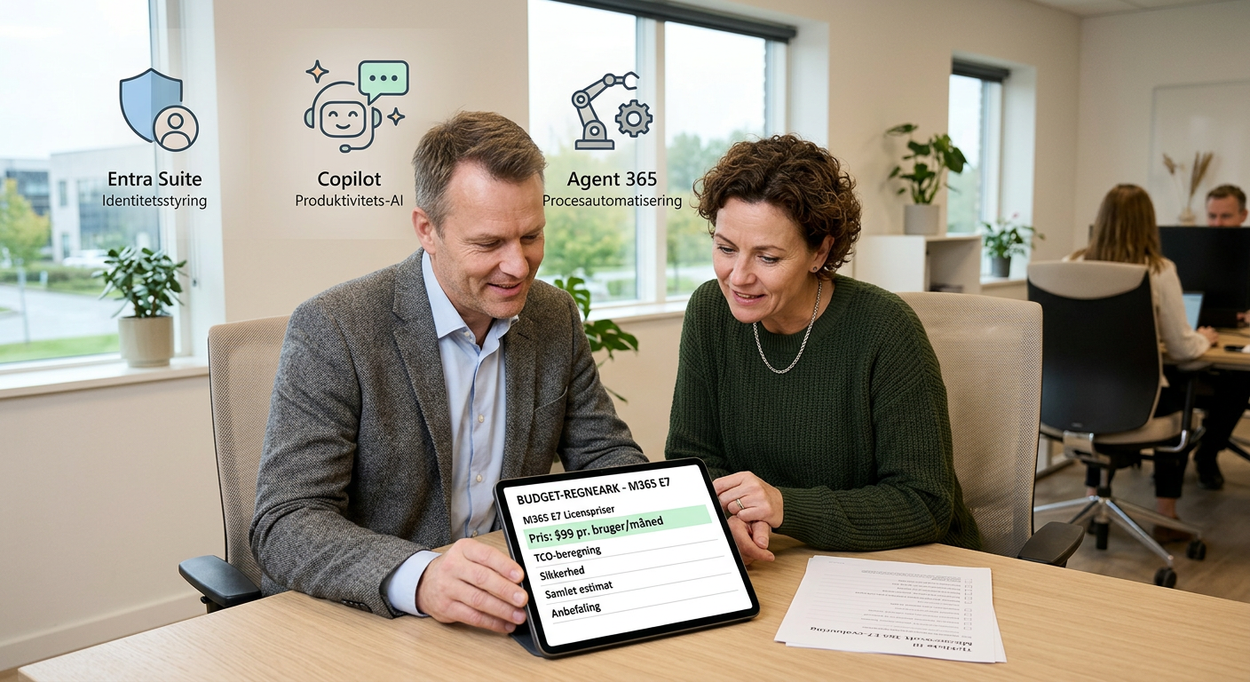 Budget- og licensregnestykke for Microsoft 365 E7 med fokus på pris, Entra Suite og Copilot