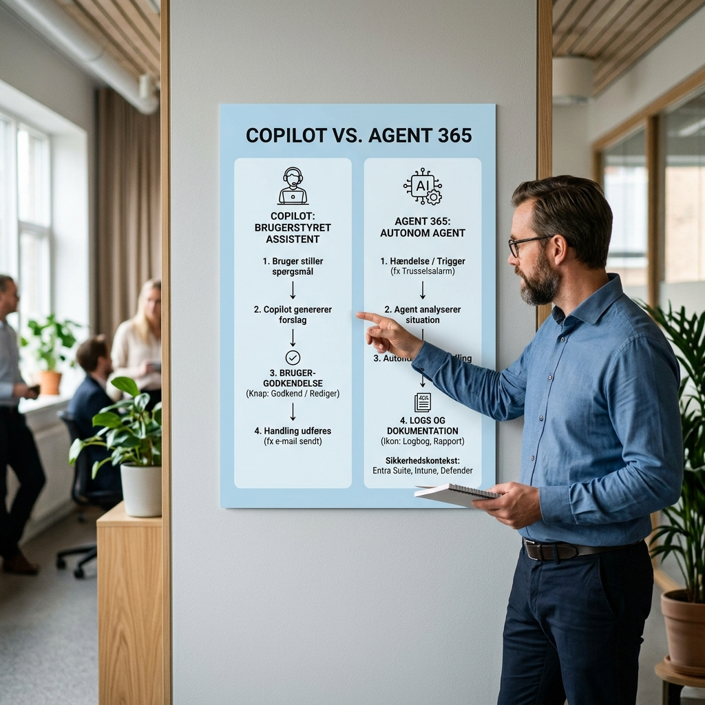 Flowdiagram der viser forskellen mellem Copilot som assistent og Agent 365 som autonom agent med godkendelser