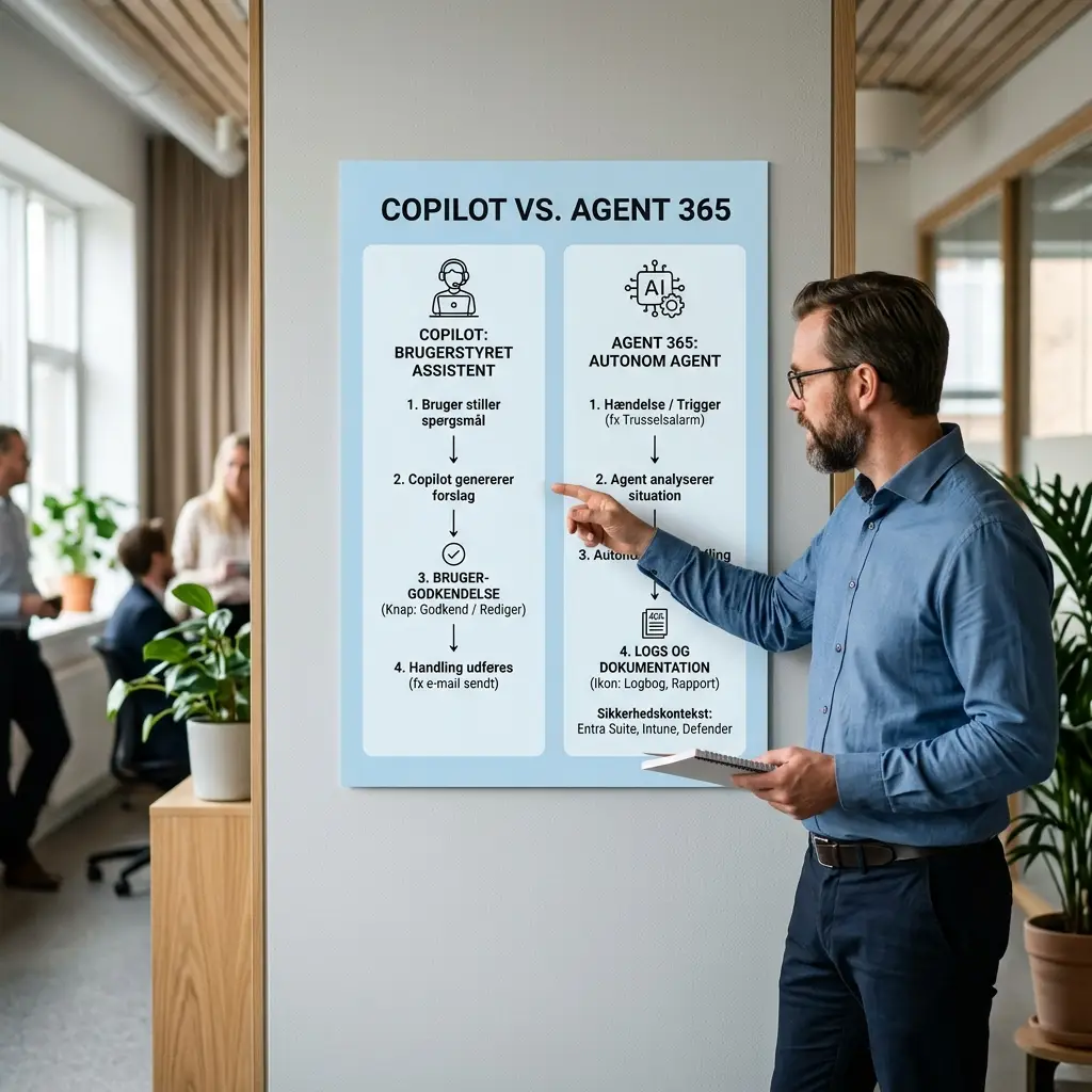Flowdiagram der viser forskellen mellem Copilot som assistent og Agent 365 som autonom agent med godkendelser