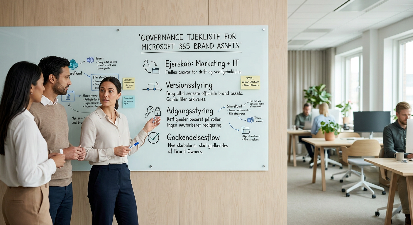 Tjekliste til governance for brand assets i Microsoft 365 med roller, rettigheder og versionsstyring