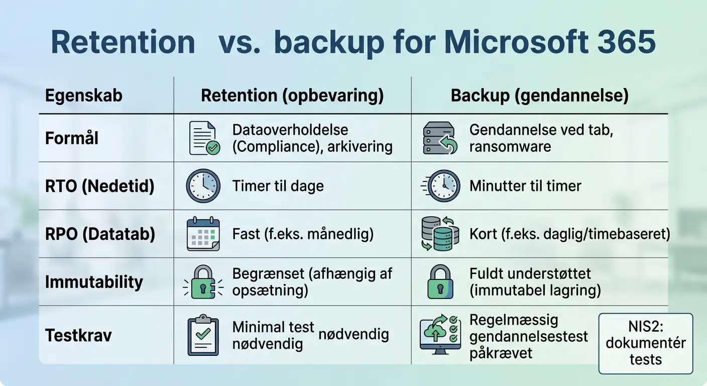 Tabel der sammenligner retention og backup i Microsoft 365