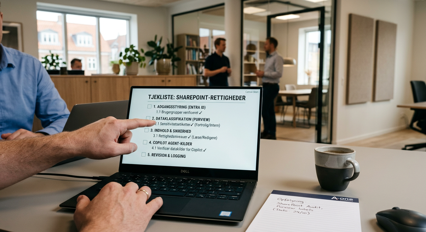 Tjekliste på skærm for SharePoint-rettigheder, dataklassifikation og Copilot agent-kilder