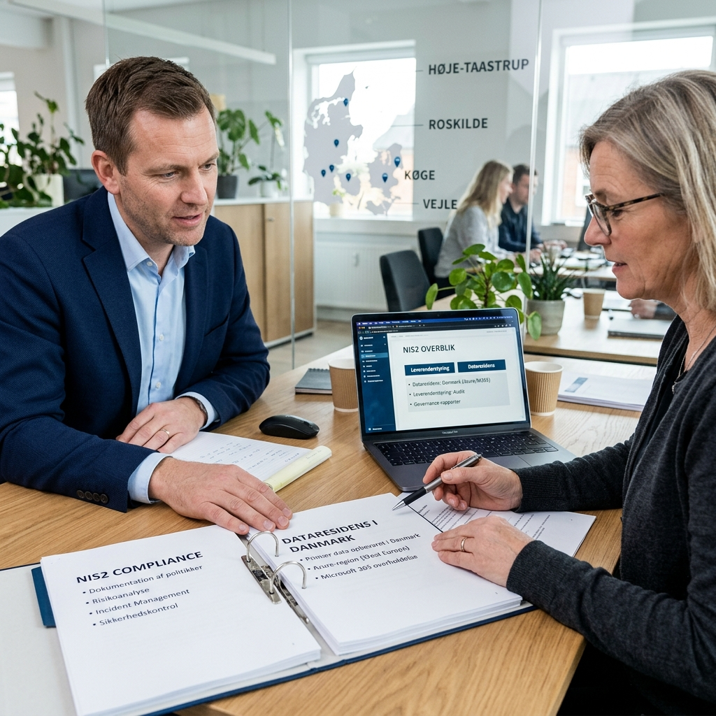 Illustration af compliance-dokumentation til NIS2 med dataresidens i Danmark og kontrolpunkter