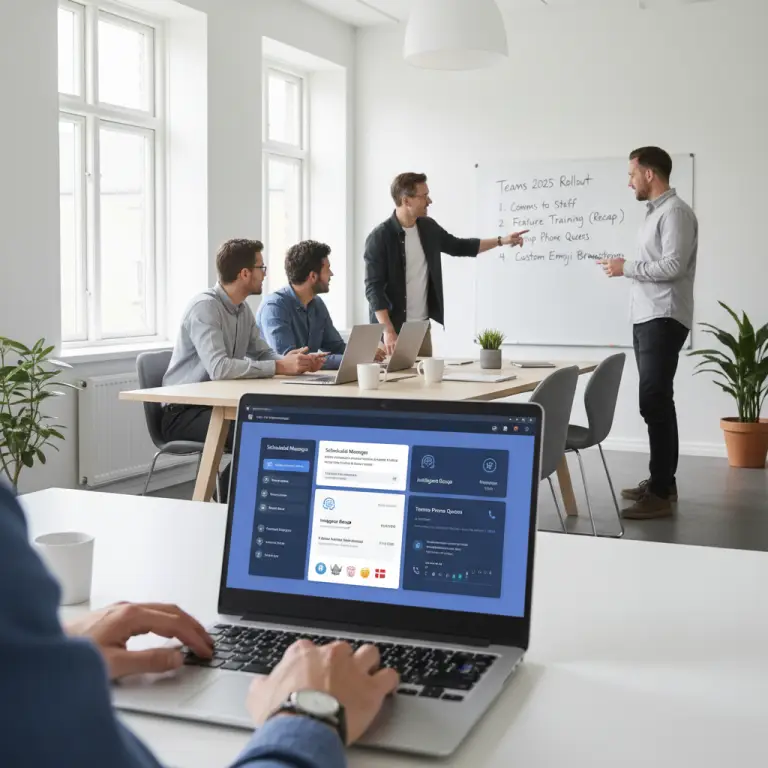 Microsoft Teams planlagte beskeder og telefonkø-oversigt på mobilskærm