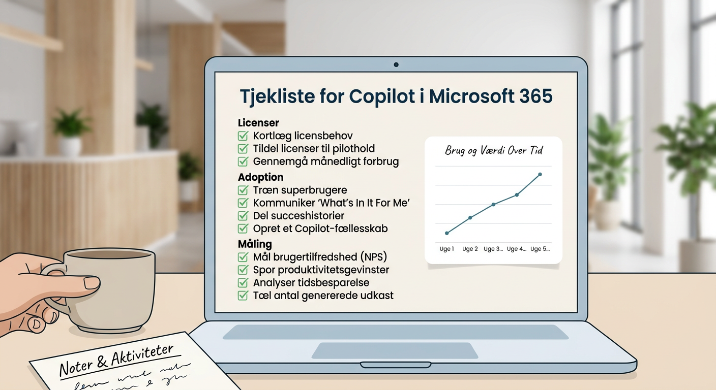 Tjekliste på skærm for licenser, adoption og måling af Copilot i Microsoft 365