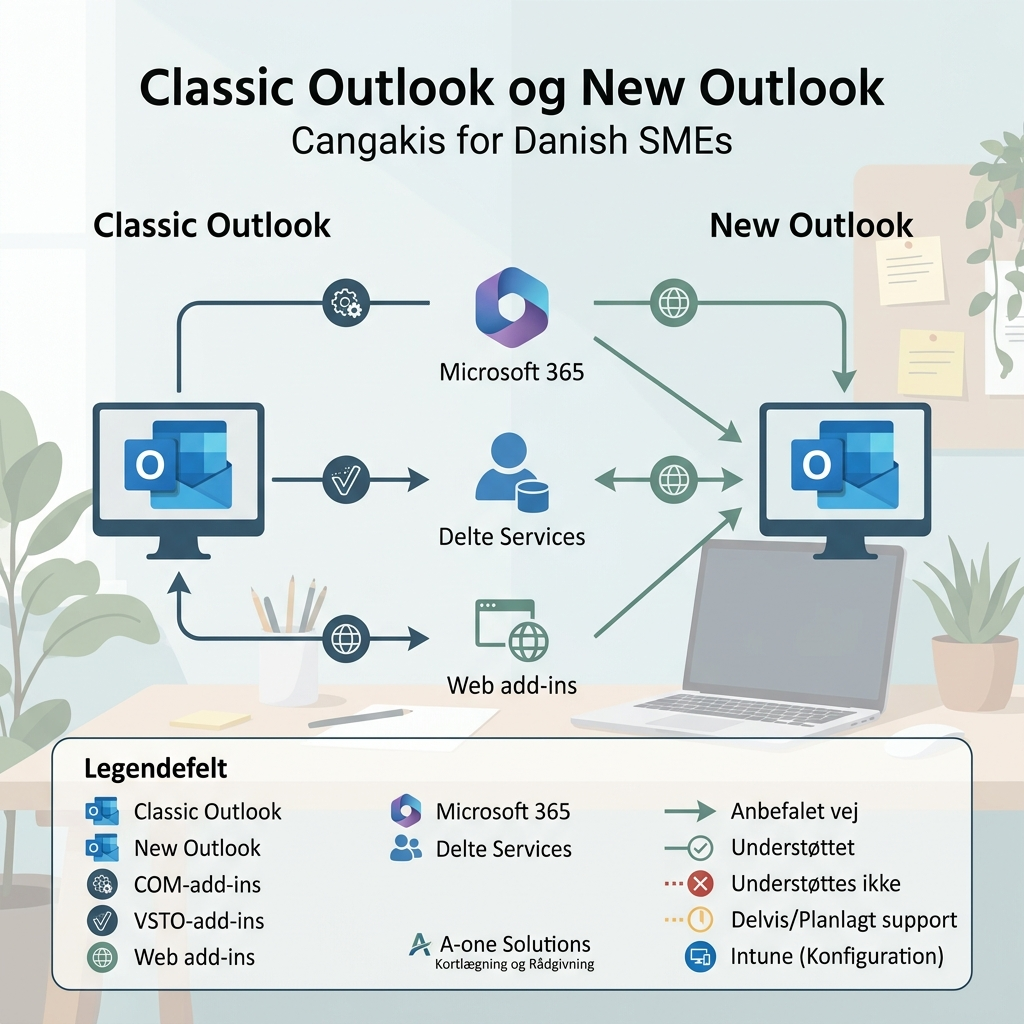 Skematisk oversigt over Classic Outlook, New Outlook og plugins (COM, VSTO og web add-ins)