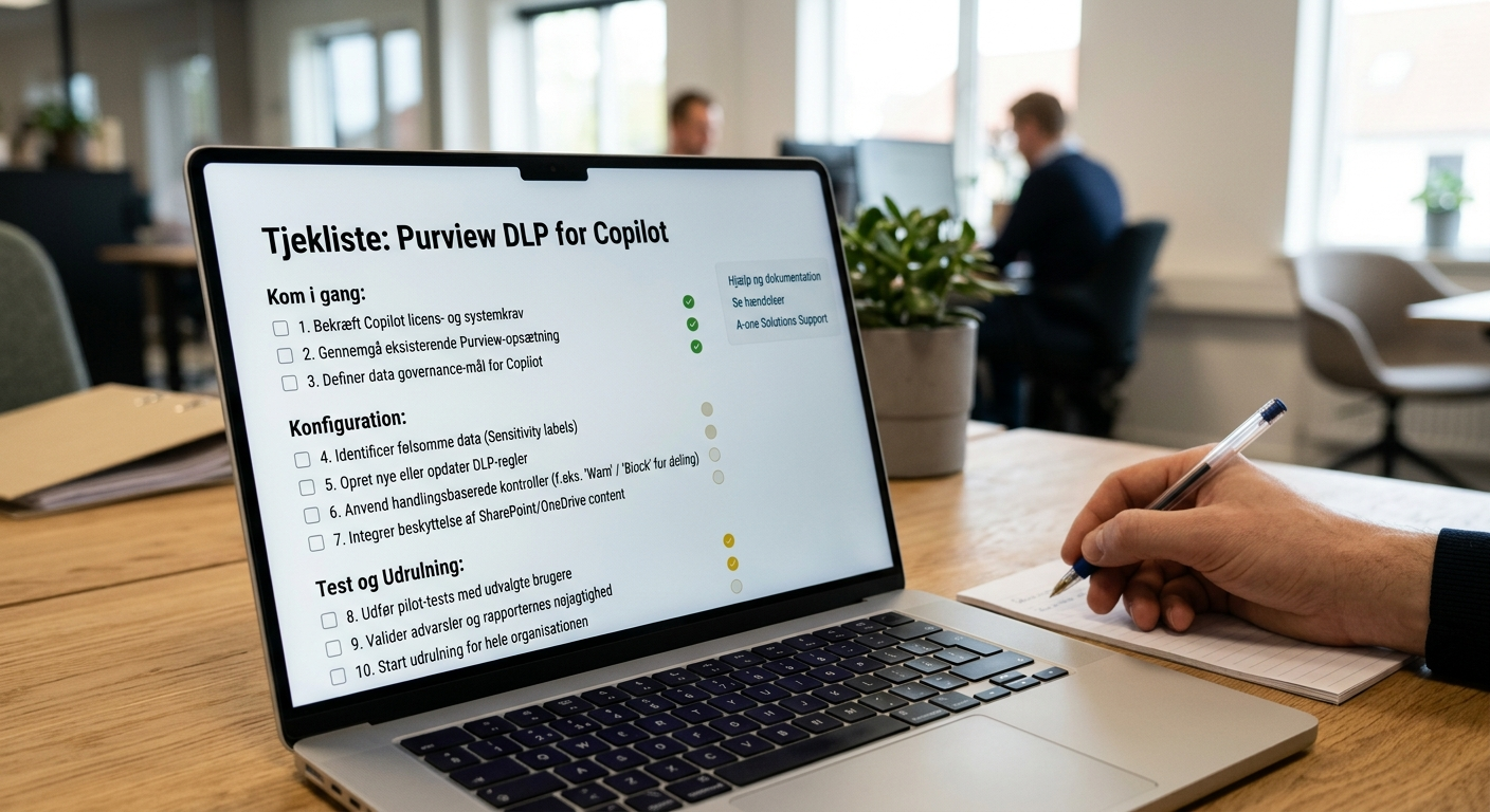 Tjekliste på skærm med Copilot, sensitivity labels og DLP-regler for prompts
