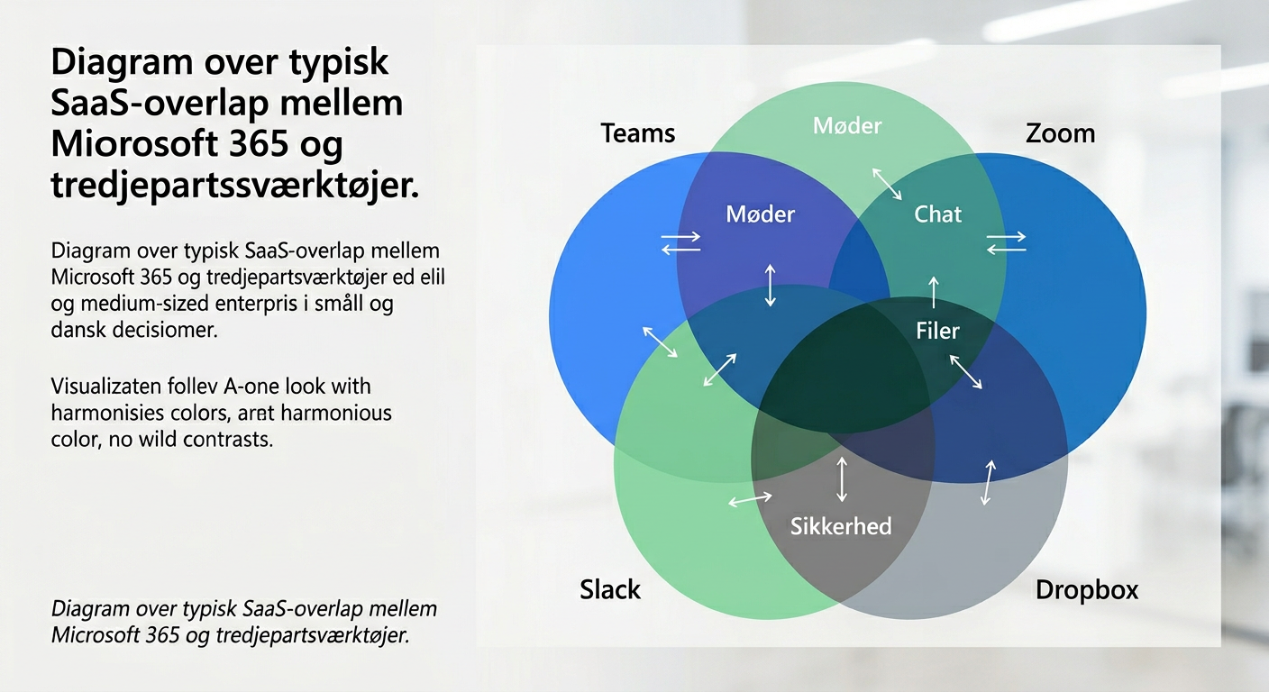 Diagram der viser typiske overlap mellem Teams, Zoom, Slack, Dropbox og Microsoft 365