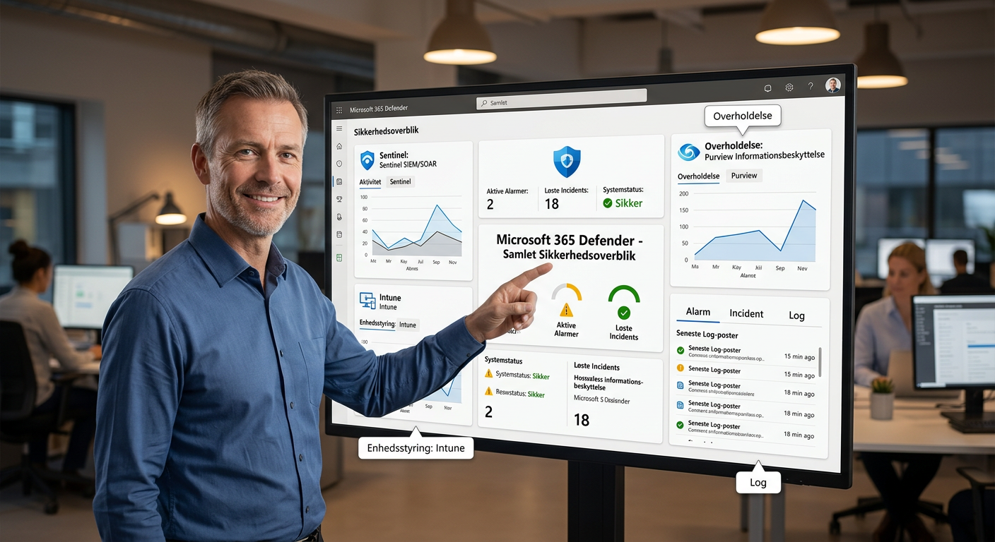 Illustration af samlet sikkerhedsoverblik med Microsoft Defender og færre leverandørportaler