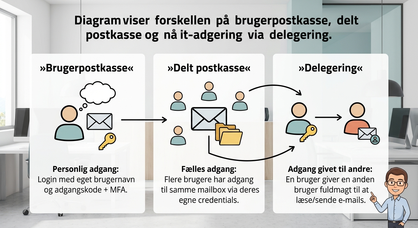 Diagram der viser forskellen på brugerpostkasse, delt postkasse og adgang via delegering