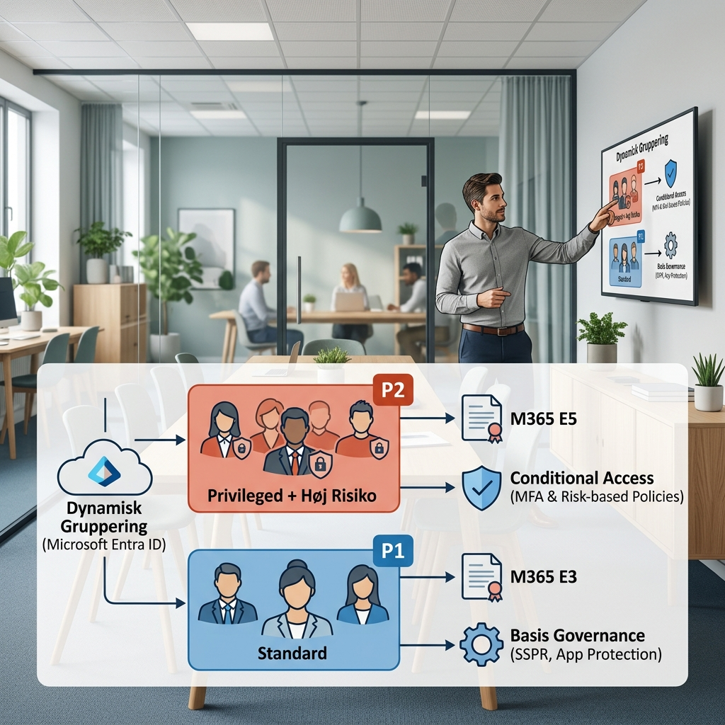 Illustration af gruppebaseret licenstildeling for P1 og P2 baseret på sikkerhedspolitikker